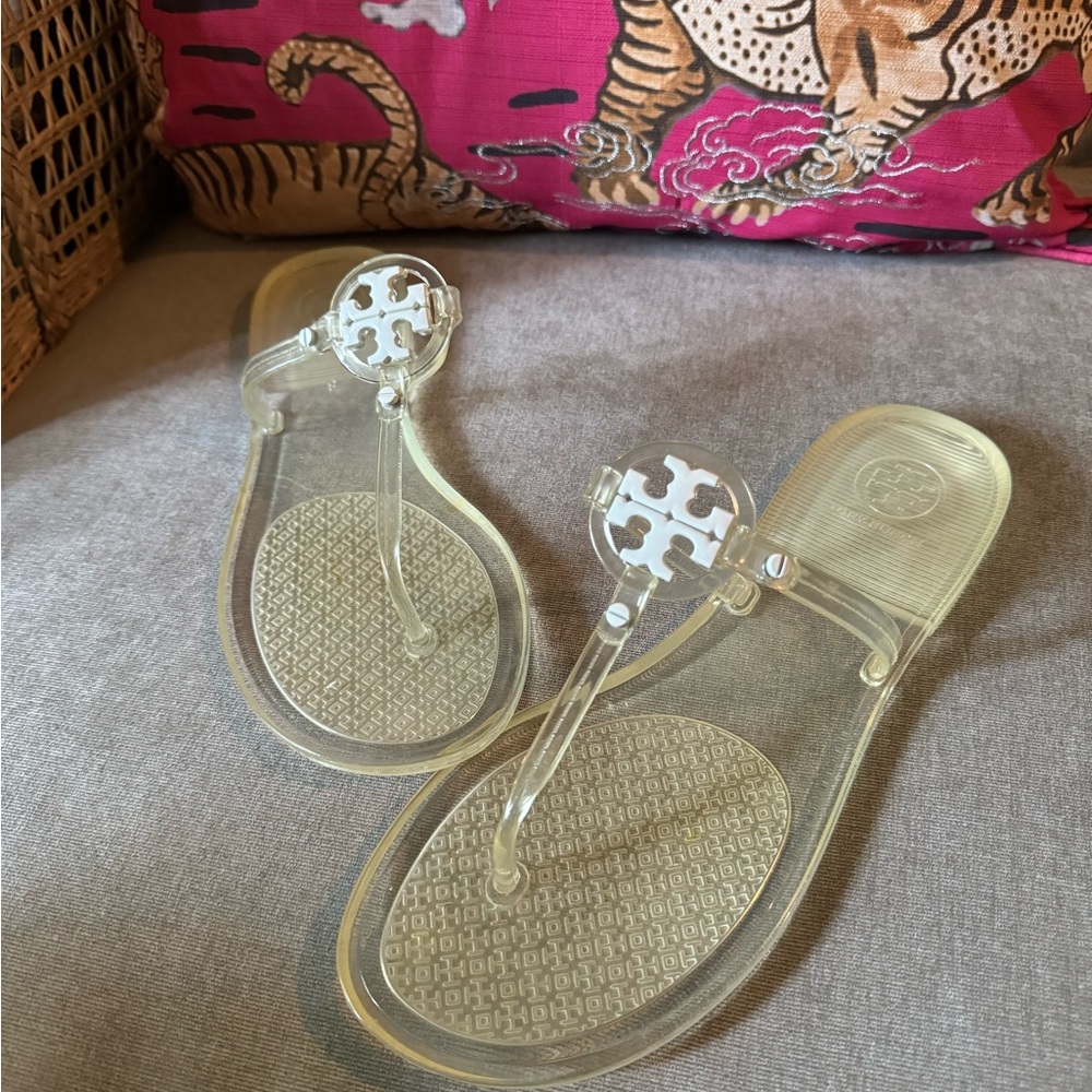 Tory Burch Clear Thong Sandal with white logo